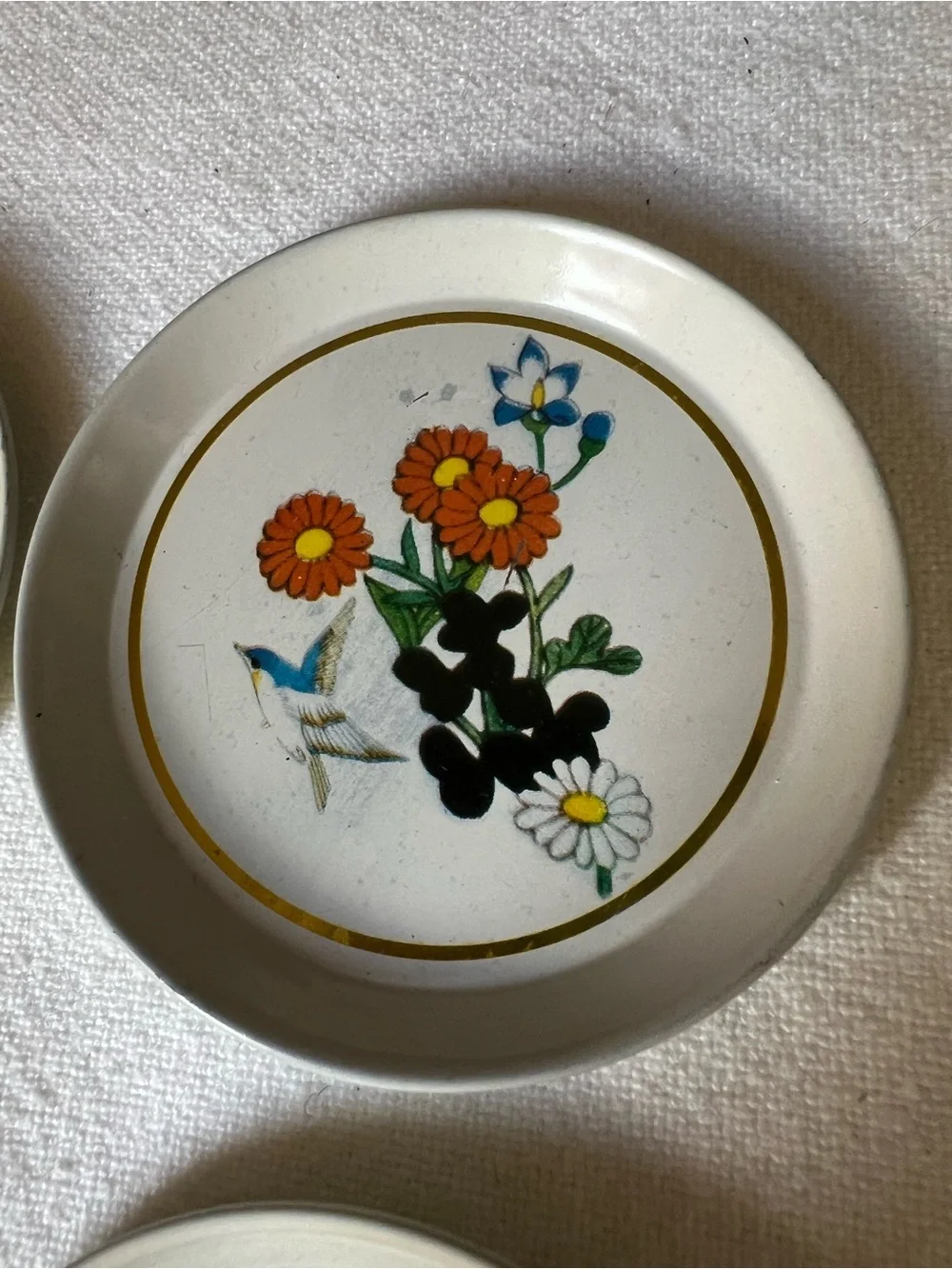 Vintage Floral tin Coasters - White with Orange & Red Floral Design